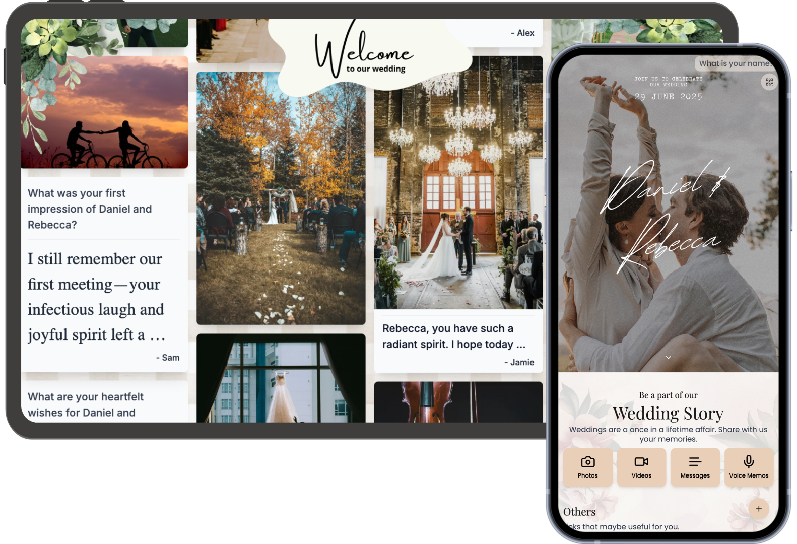 Screens of personal wedding page and live wall